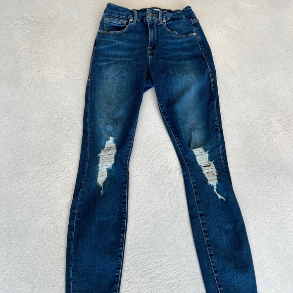 sz 27 High Waisted Good American Distressed Skinny Leg Super Stretch Denim Jeans - Picture 1 of 8